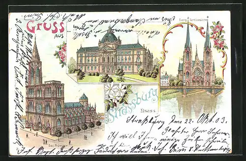 Lithographie Strassburg, Evang. Garnisonskirche, Das Münster, Kaiserpalast