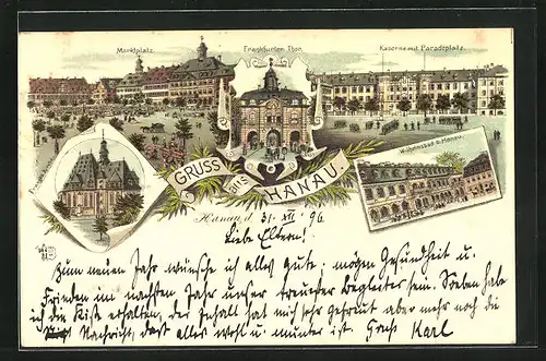 Lithographie Hanau, Kaserne mit Paradeplatz, Wilhelmsbad, Frankfurter Tor