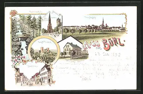 Lithographie Bühl / Baden, Hauptstrasse, Burg Alt-Windeck, Gertelbachfälle