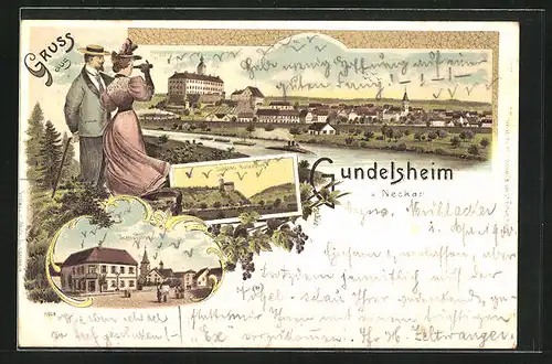 Lithographie Gundelsheim /Neckar, Schlossstrasse, Schloss Gutenberg, Panorama