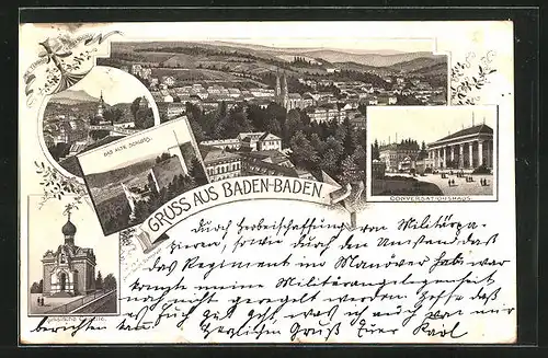 Vorläufer-Lithographie Baden-Baden, 1892, Conversationshaus, Russische Capelle, Altes Schloss