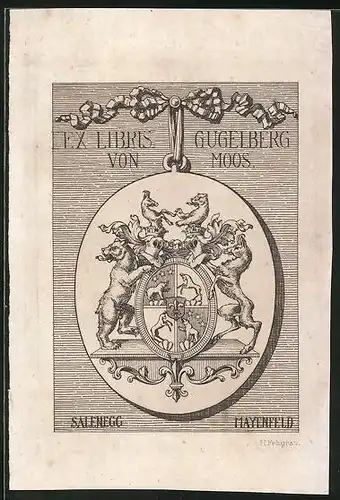 Exlibris Gugelberg Moos, Wappen mit Ritterhelm und Tieren, Ziegenbock, Bär, Hirsch