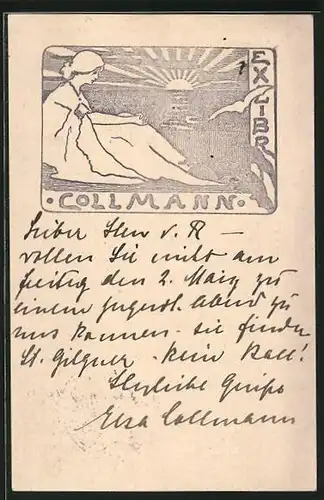 Exlibris Collmann, Frau schaut in die Ferne mit einem Sonnenuntergang