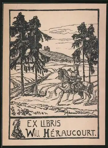 Exlibris Will Héraucourt, Ritter mit Schild auf seinem Pferd, Burg im Hintergrund