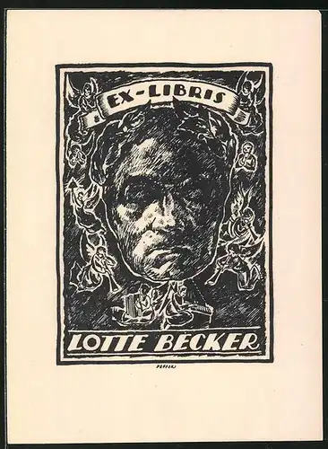 Exlibris Lotte Becker, Kopf umgeben von Engeln
