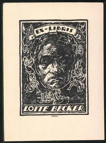 Exlibris Lotte Becker, Kopf umgeben von Engeln