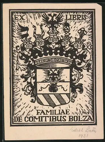 Exlibris Familiae de Comitibus Bolza, Wappen mit Ritterhelm, Krone und Sack