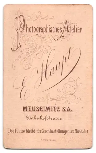 Fotografie E. Haupt., Meuselwitz S.-A., Bahnhofstrasse, Portrait chic gekleideter Mann