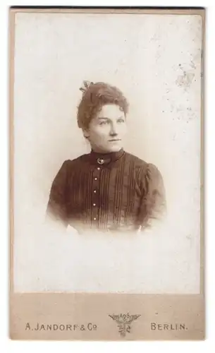 Fotografie A. Jandorf & Co., Berlin, Grosse Frankfurterstrasse 113, Portrait Frau mit hochgestecktem Haar in dunkler Bluse