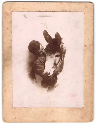 Fotografie unbekannter Fotograf und Ort, Mann liebkost seinen Esel / Maultier