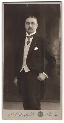 Fotografie A. Jandorf & Co., Berlin-SW, Bellealliancestrasse 1-2, Portrait junger Herr im Anzug mit Oberlippenbart