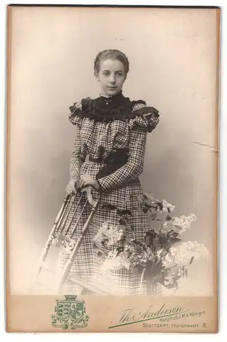 Fotografie Th. Andersen, Stuttgart, Charlottenstrasse 8, Portrait junge Dame im karierten Kleid