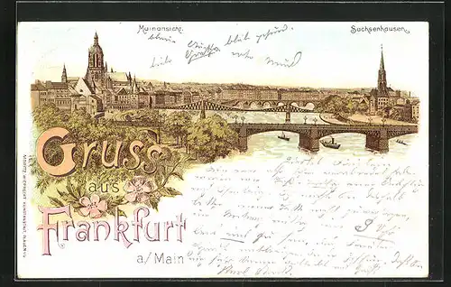Lithographie Frankfurt-Sachsenhausen, Mainansicht, Mainbrücke