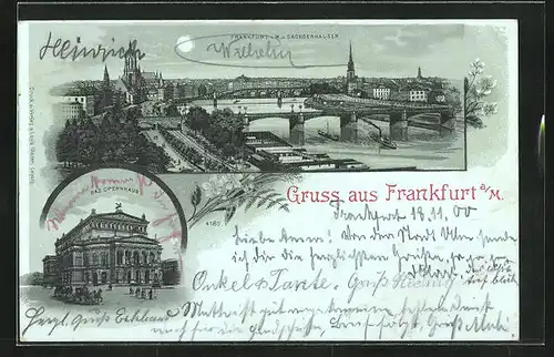 Mondschein-Lithographie Frankfurt, Das Opernhaus, Totalansicht im Mondschein