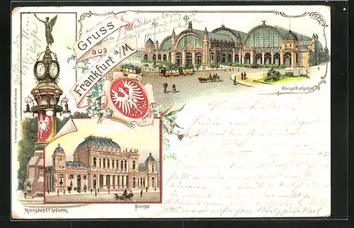 Lithographie Frankfurt, Manskopf-Uhrturm, Börse, Hauptbahnhof