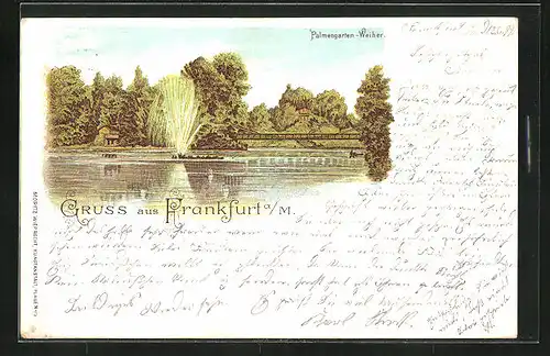 Lithographie Frankfurt-Westend, Palmengarten-Weiher, Fontäne