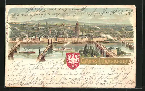 Präge-Lithographie Alt-Frankfurt, Totalansicht, Mainbrücken und -dampfer, Stadtwappen