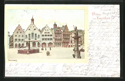 Lithographie Alt-Frankfurt, Brunnen auf dem Römerberg
