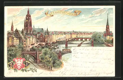 Lithographie Alt-Frankfurt, Totalansicht, Stadtwappen
