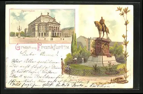 Lithographie Frankfurt, Kaiser Wilhelm-Denkmal, Opernhaus