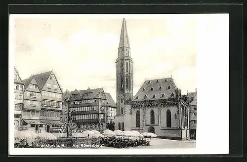 AK Alt-Frankfurt, Am Römerberg mit Kirche und Brunnen