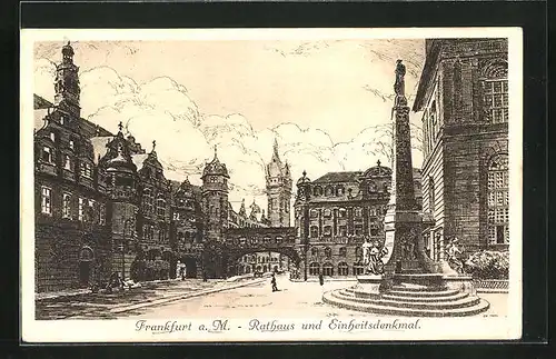 Künstler-AK Alt-Frankfurt, Rathaus und Einheitsdenkmal