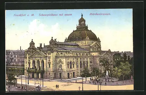 AK Frankfurt a. M., Schauspielhaus mit neuem Märchenbrunnen