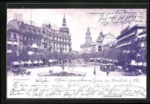 AK Frankfurt a. M., Rossmarkt mit Hauswandwerbung für Schwarzschild Ochs und Strassenbahn