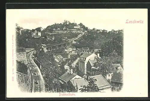 Relief-AK Dresden-Loschwitz, Blick zum Gasthaus Luisenhof auf dem Burgberg mit Drahtseilbahn