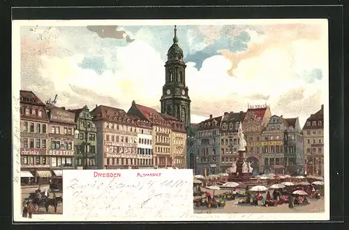 Lithographie Dresden, Altmarkt, Brunnen