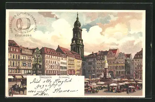 Lithographie Dresden, Rathaus und Brunnen am Altmarkt