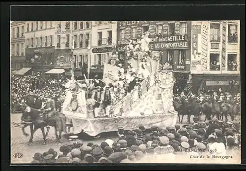 AK Paris, Mi-Carême 1908, Char de la Bourgogne, Umzugswagen zu Fasching
