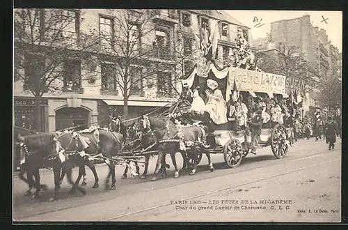 AK Paris, Les Fêtes de la Mi-Carême 1905, Char du grand Lavoir de Charonne, Umzugswagen zu Fasching