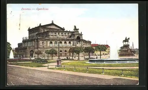 AK Dresden, Brunnen und Denkmal am Opernhaus