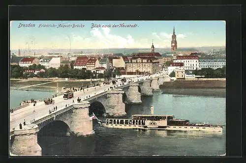 AK Dresden-Neustadt, Elbdampfer passiert die Friedrich August-Brücke