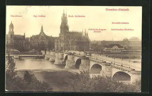 AK Dresden-Altstadt, Panorama mit Kath. Hofkirche u. Gemälde-Galerie