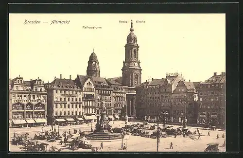 AK Dresden, Altmarkt mit Geschäften, Rathausturm und Kreuzkirche