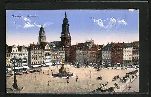 AK Dresden, Altmarkt mit Geschäften und Denkmal, Strassenbahn