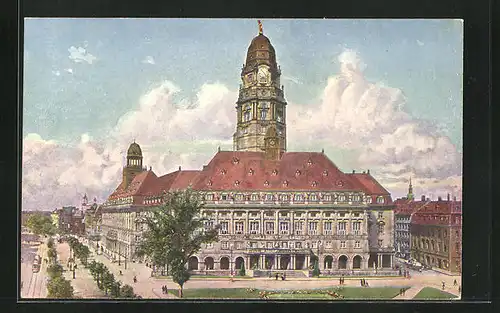AK Dresden, Das neue Rathaus mit Strassenbahn