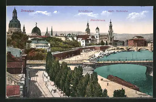 AK Dresden, Schlossturm, Ständehaus, Hofkirche bei Dämmerung
