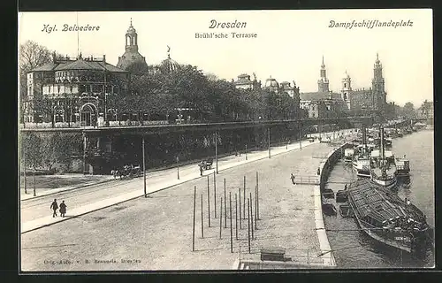 AK Dresden, Brühl`sche Terasse, Dampfschifflandeplatz