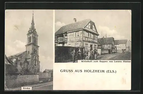 AK Holzheim, Gasthaus zum Rappen v. Lorenz Hietter, Kirche