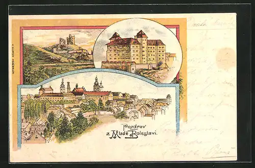 Lithographie Jung Bunzlau / Mlada Boleslav, Ruine, Burg, Panorama