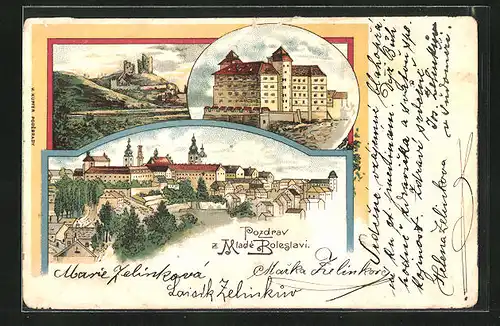 Lithographie Jung Bunzlau / Mlada Boleslav, Burg, Ruine, Totalansicht