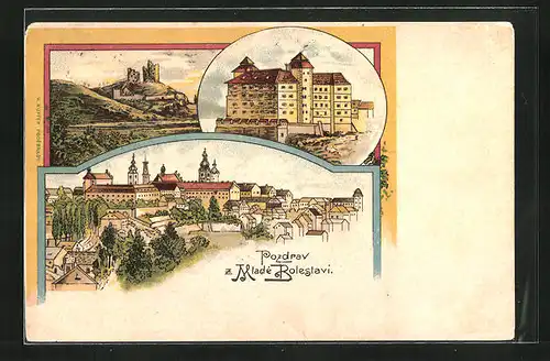 Lithographie Jung Bunzlau / Mlada Boleslav, Burg, Ruine, Panorama mit Kirche