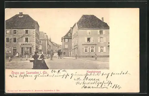 AK Saarunion i. Els., Hauptstrasse mit Passanten
