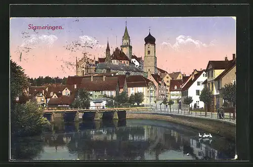 AK Sigmaringen, Donaupartie mit Kirche