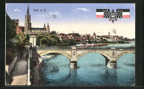 AK Ulm a. D., Teilansicht mit Donaubrücke