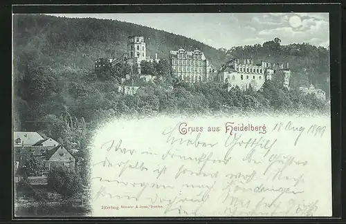 Mondschein-AK Heidelberg, Blick zum Schloss nebst Ruine