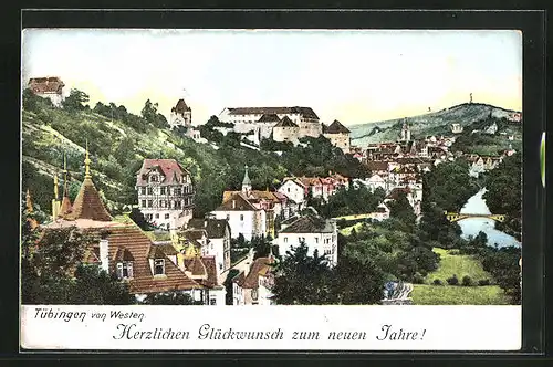 AK Tübingen, Teilansicht von Westen, Neujahrsgruss